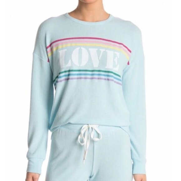 PJ Salvage Womens NWT Blue Aqua Rainbow Striped Love Crew Neck Sweatshirt Medium - Picture 1 of 10